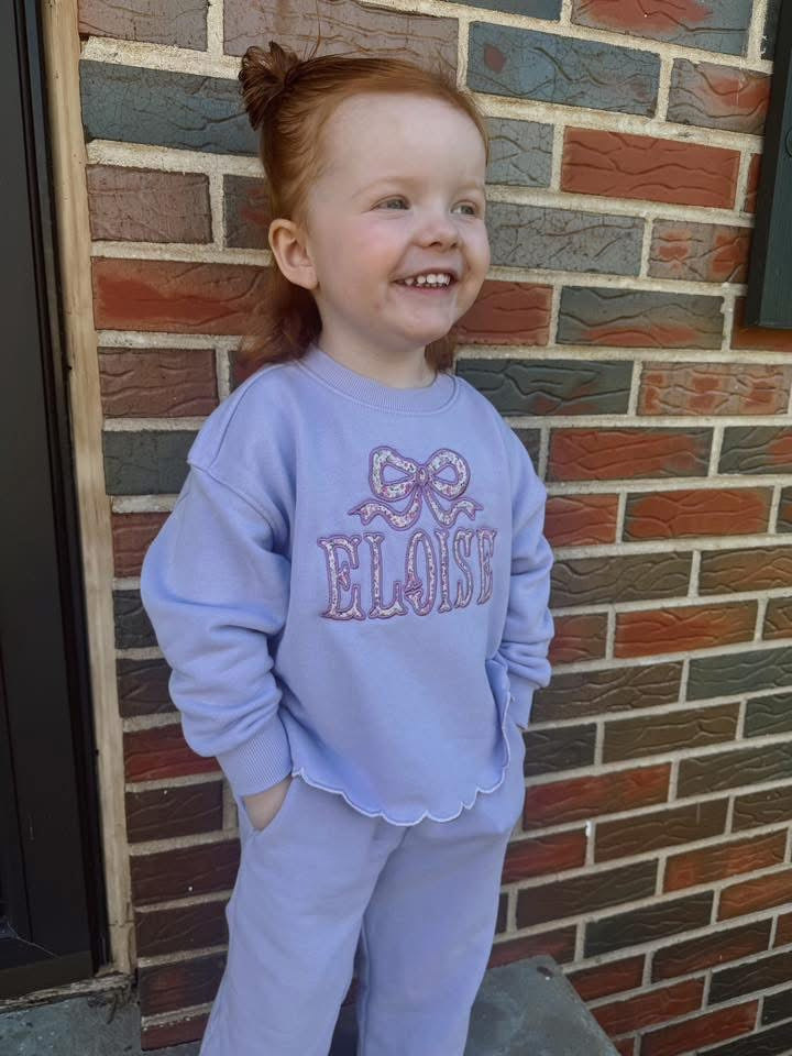 Girls Personalized Embroidered Scalloped Sweatsuit w/ Applique Bow + Name