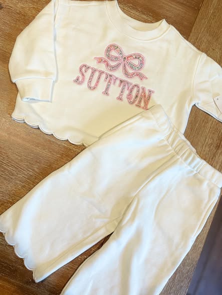 Girls Personalized Embroidered Scalloped Sweatsuit w/ Applique Bow + Name