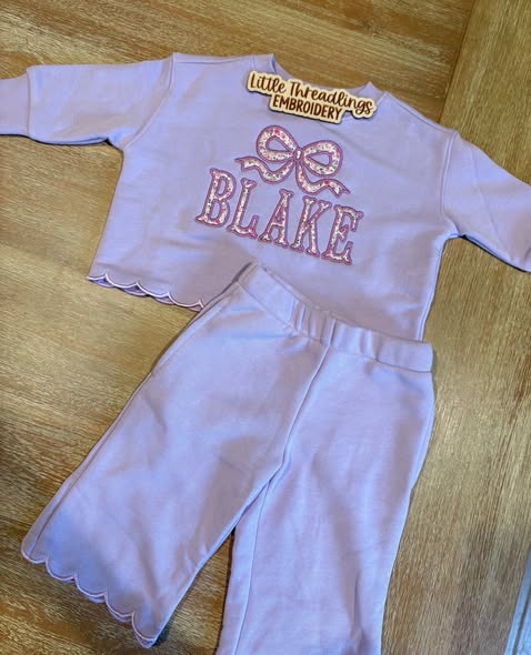 Girls Personalized Embroidered Scalloped Sweatsuit w/ Applique Bow + Name