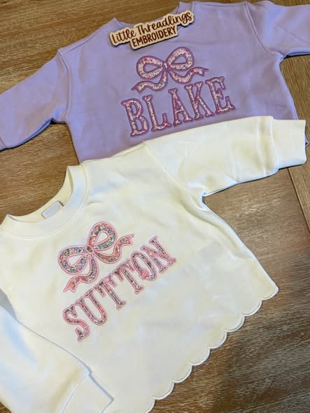 Girls Personalized Embroidered Scalloped Sweatsuit w/ Applique Bow + Name