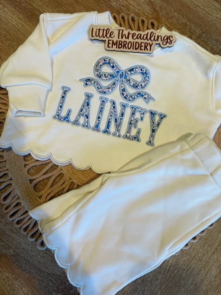 Girls Personalized Embroidered Scalloped Sweatsuit w/ Applique Bow + Name