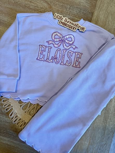 Girls Personalized Embroidered Scalloped Sweatsuit w/ Applique Bow + Name