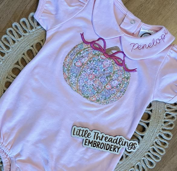 Girls Fall Applique Floral Pumpkin Peter Pan Collared Bubble with Name Embroidered on Collar