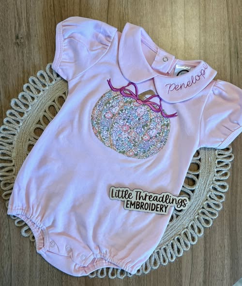 Girls Fall Applique Floral Pumpkin Peter Pan Collared Bubble with Name Embroidered on Collar