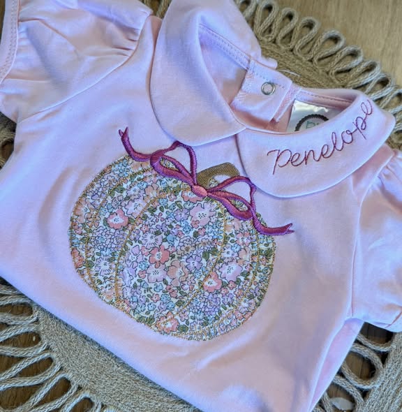 Girls Fall Applique Floral Pumpkin Peter Pan Collared Bubble with Name Embroidered on Collar